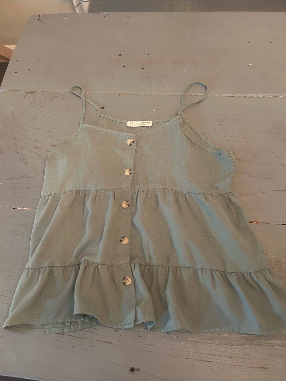 Button-Front Tiered Spaghetti Strap Top - Sage Green